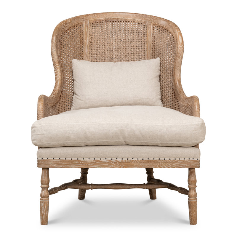 Handcrafted teak wood accent chair with natural cane back
