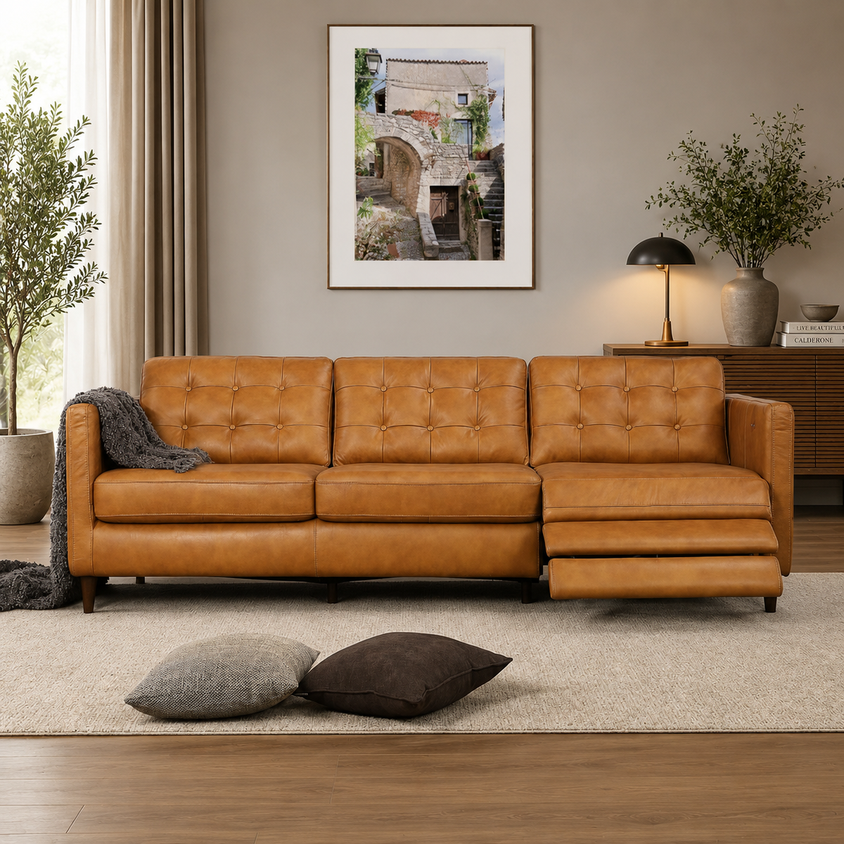 Modern tan leather teak wood recliner sofa for living room