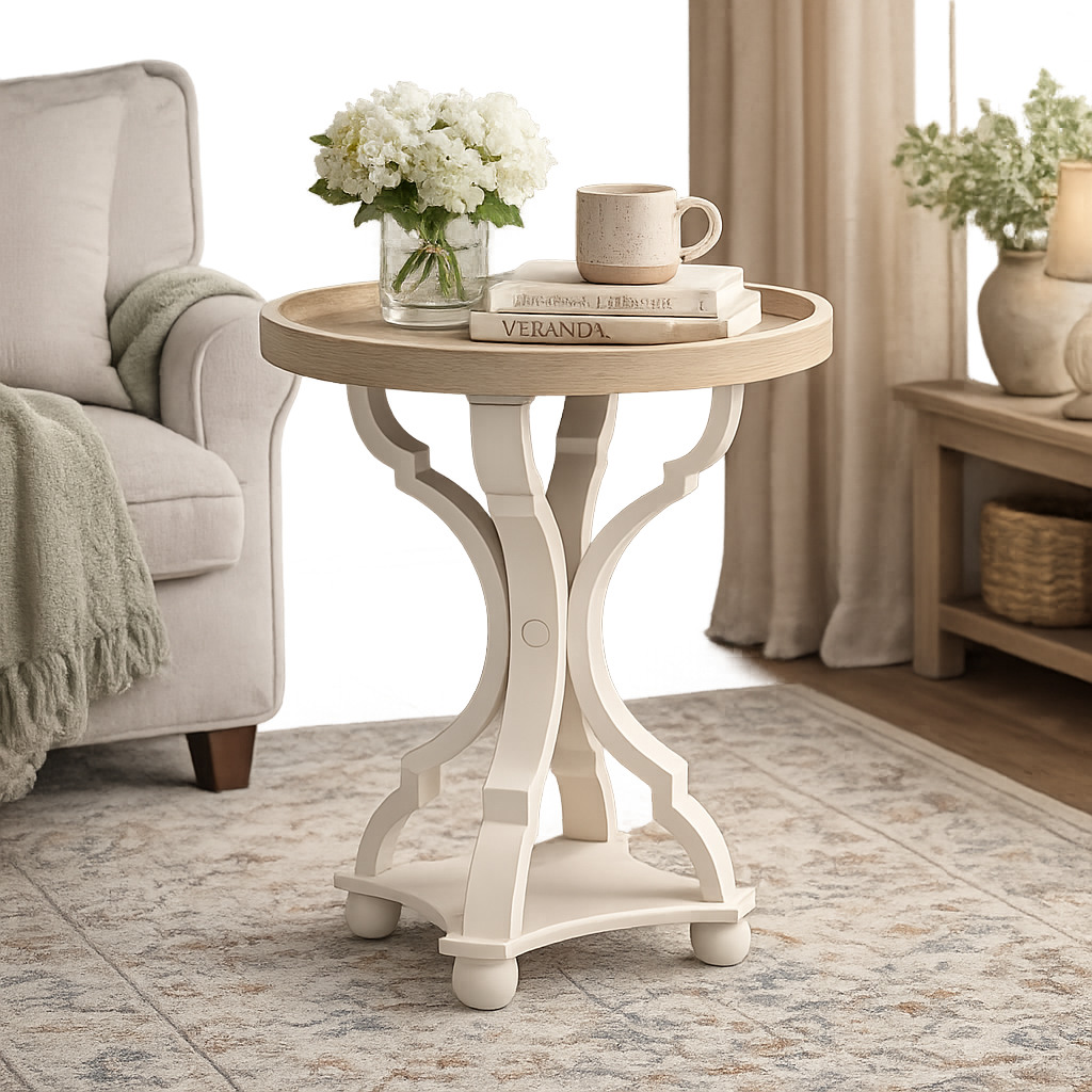 Solid teak wood round accent side table with ivory pedestal base