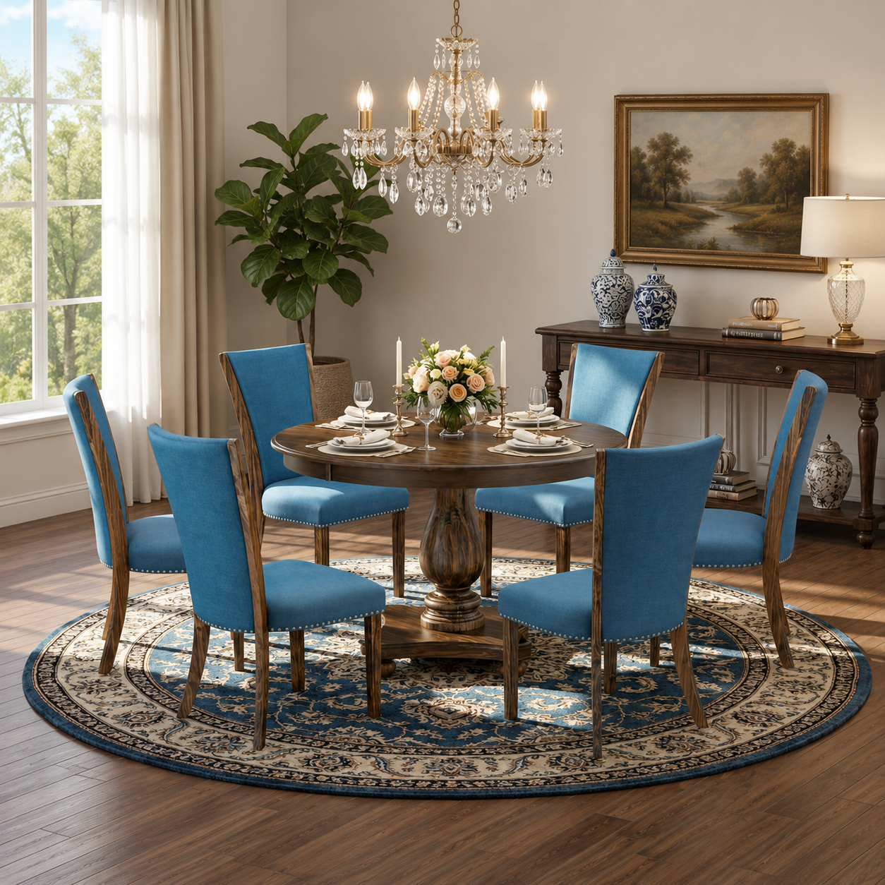 Solid teak wood round dining table set with six blue upholstered chairs