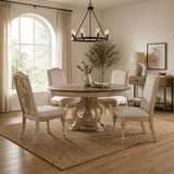 Elegant teak wood round dining table set with upholstered chairs