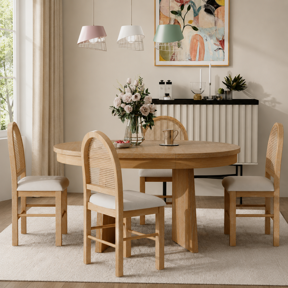 Solid teak wood round dining table set with cane chairs