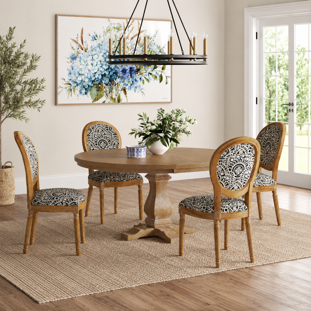 Teak wood round dining table set with upholstered chairs