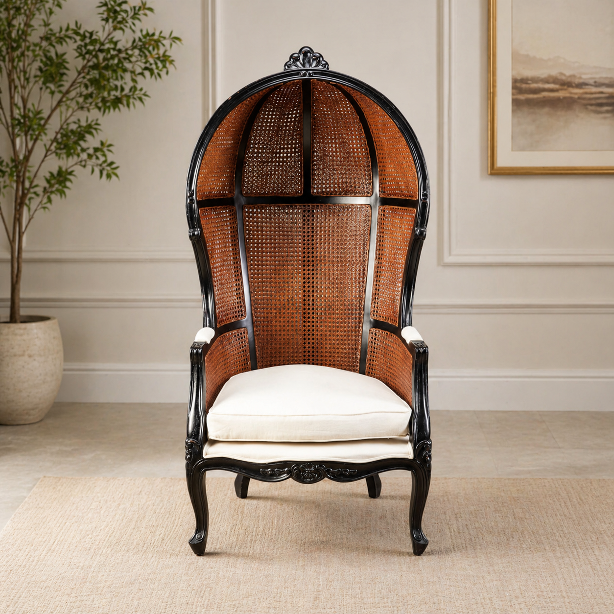 Teak wood royal cane wing chair with cushioned seat