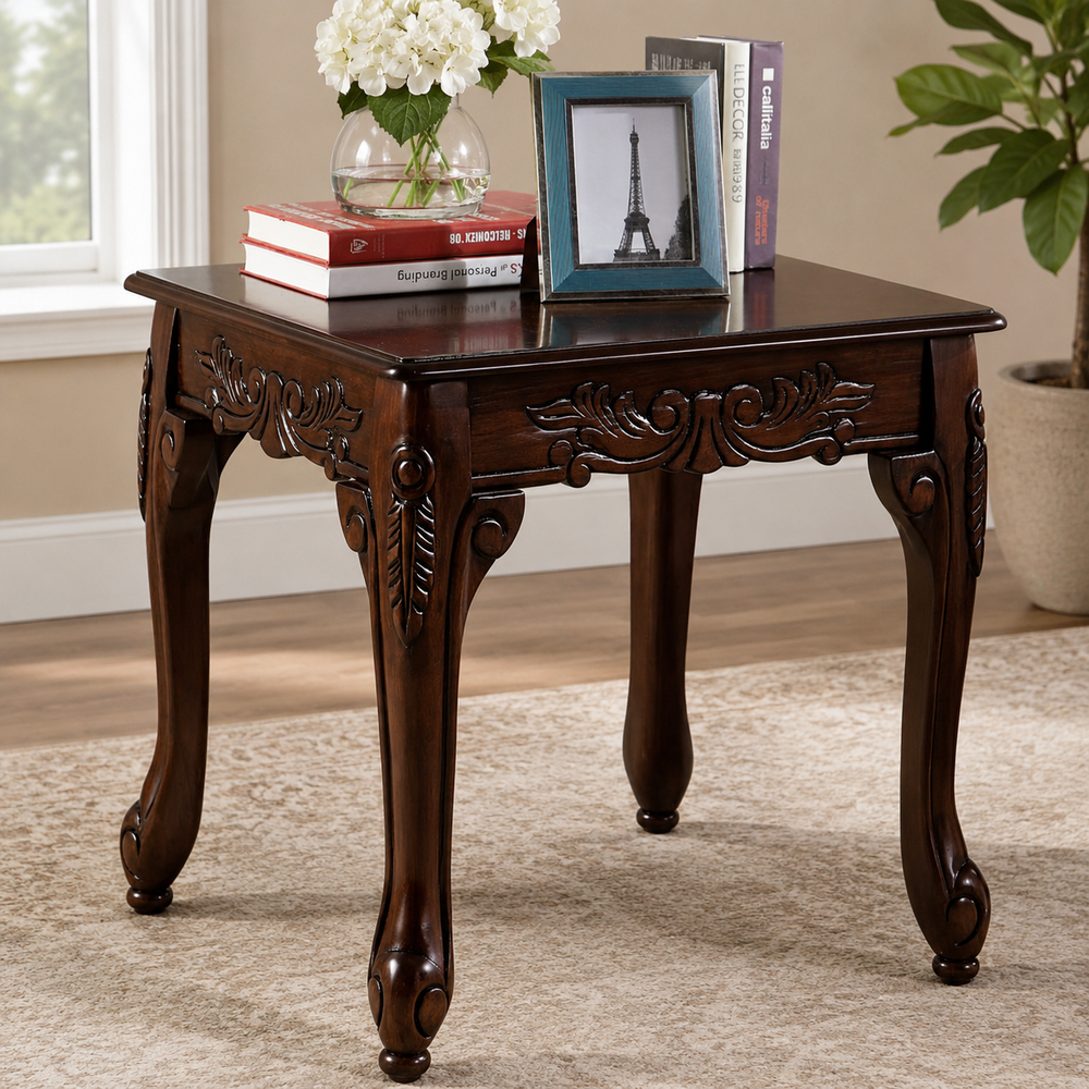 Hand-carved teak wood side table for living room