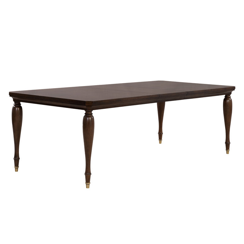 Elegant rectangular teak dining table with six fabric chairs