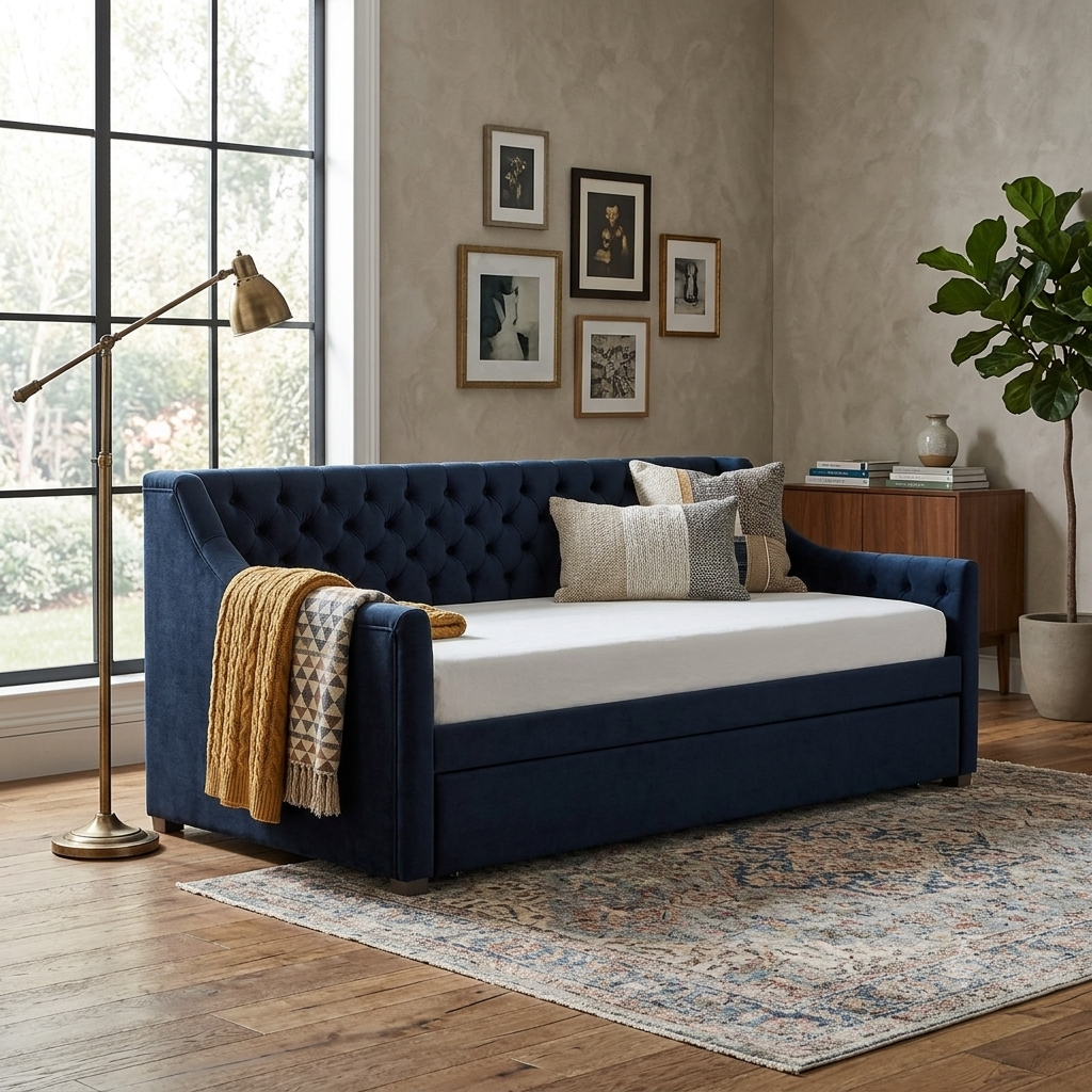 Sky Rise Decor teak wood upholstered daybed sofa cum bed in navy blue

