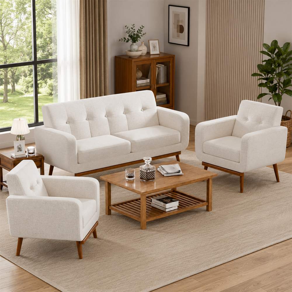 Modern teak wood sofa set with cream upholstery in living room
