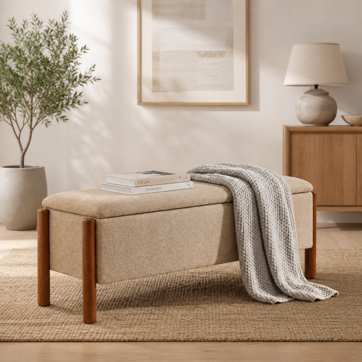Teak wood storage bench with upholstered seat for bedroom