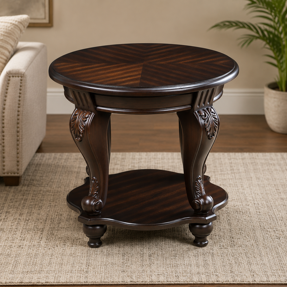 Luxury round teak wood side table with carved legs