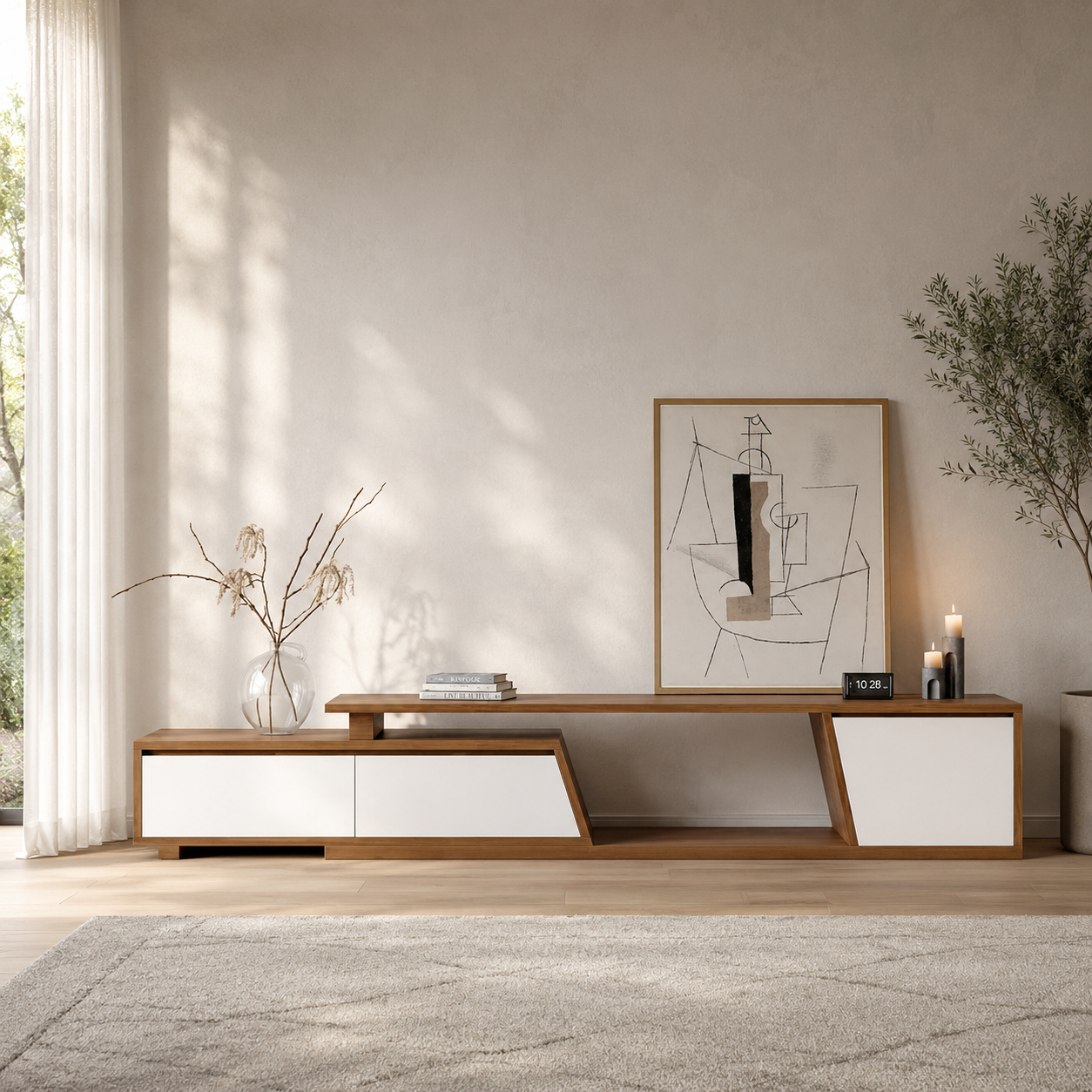 Modern teak wood TV unit with white storage cabinets
