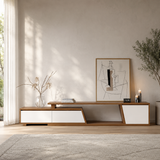 Modern teak wood TV unit with white storage cabinets
