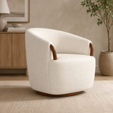 Premium teak wood swivel accent chair with cream upholstery