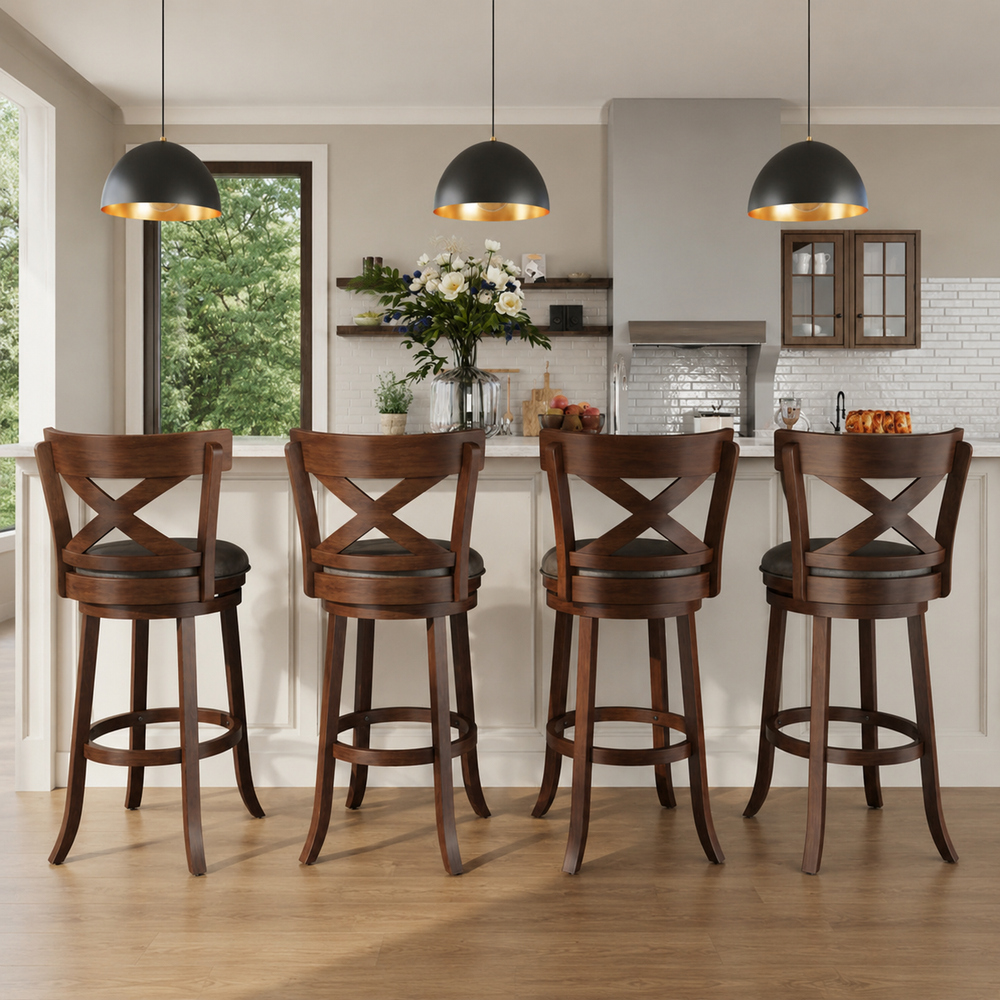 Solid teak wood swivel bar stool with cross back design
