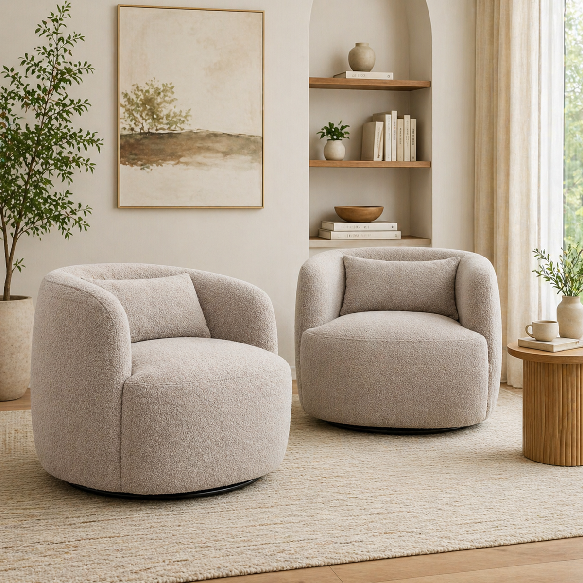 Teak wood swivel barrel accent chair set in beige bouclé