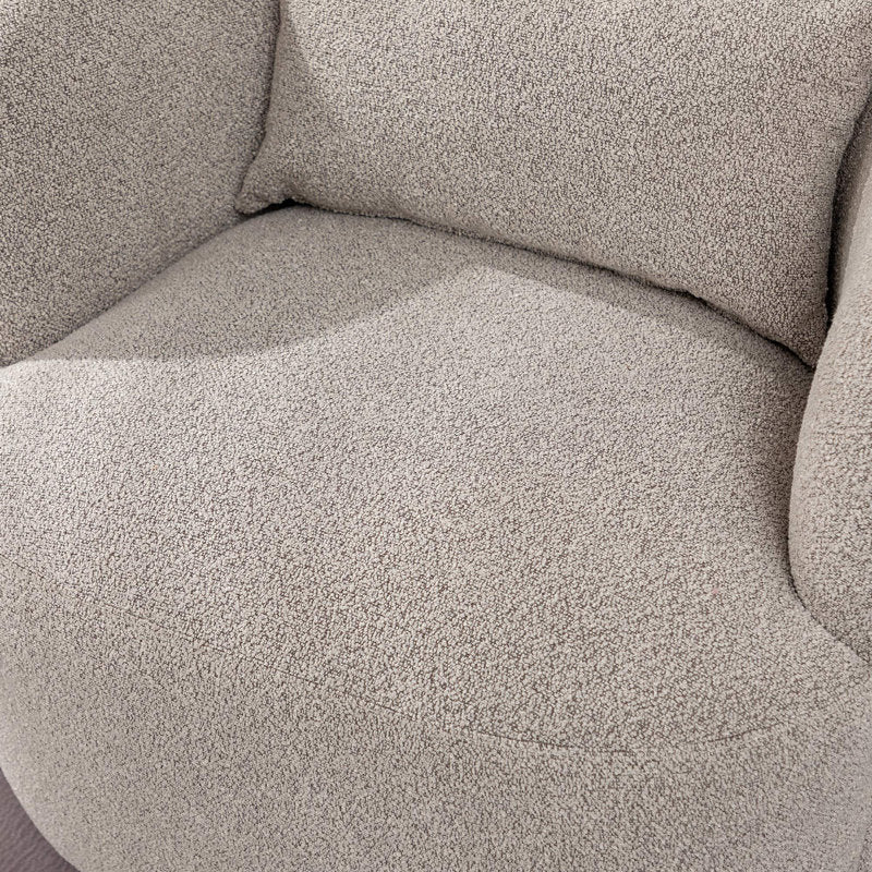 Teak wood swivel chair set in soft cream bouclé fabric
