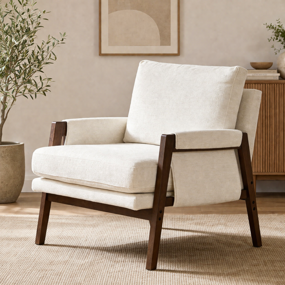 teak wood upholstered accent chair with ivory cushions