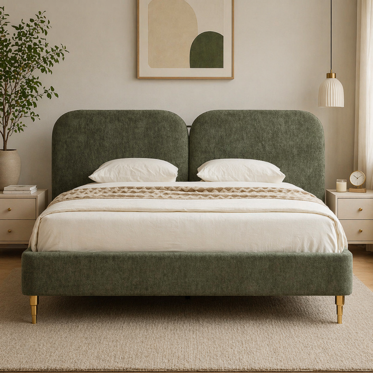 Modern teak wood upholstered bed with green headboard