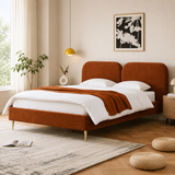 Modern teak wood upholstered bed with double headboard