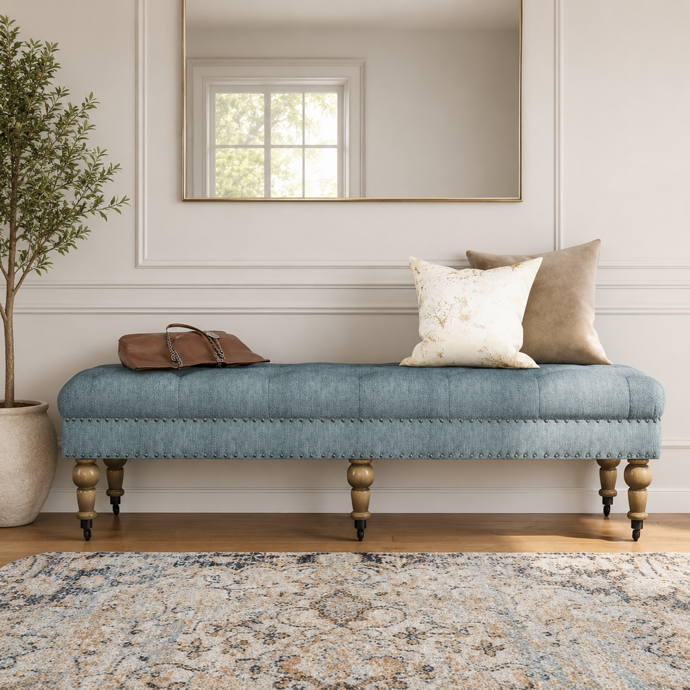 Teak wood upholstered bench with blue fabric seat and turned legs