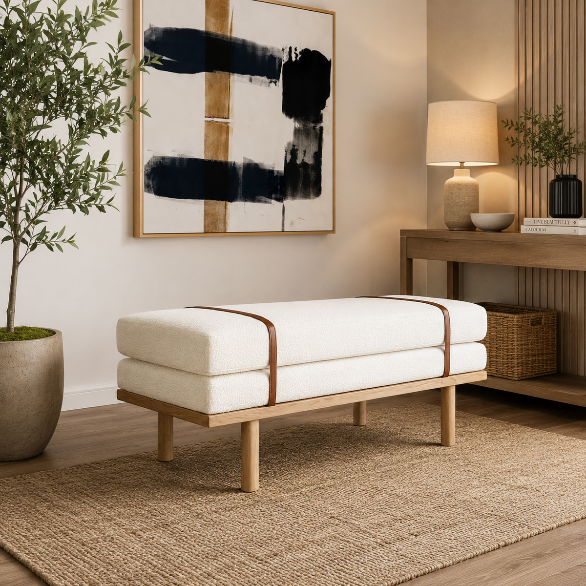teak wood upholstered bench cream cushion