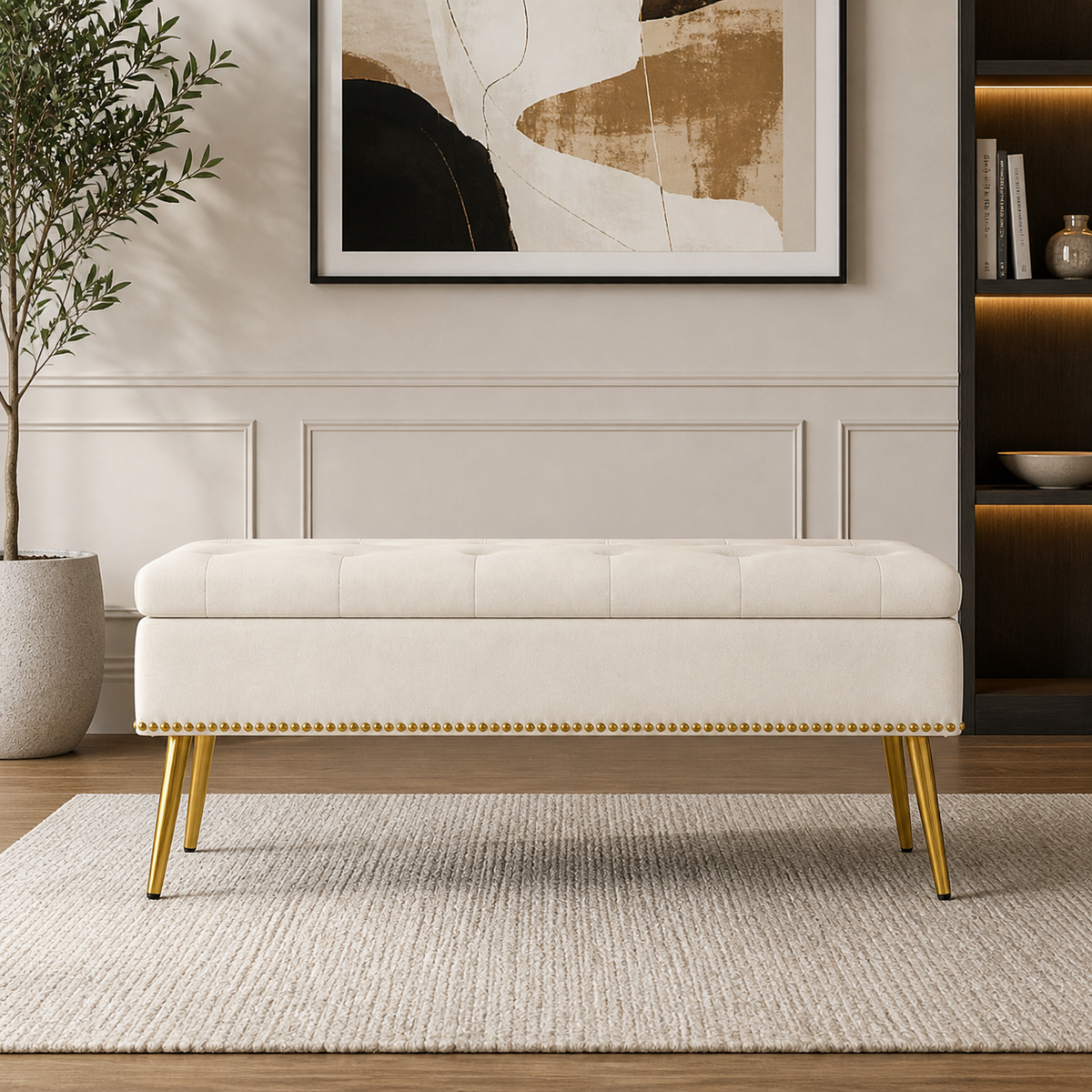 Cream upholstered teak wood bench with gold legs