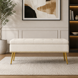 Cream upholstered teak wood bench with gold legs