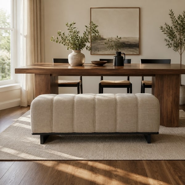 Modern end of bed bench with cushioned seating and teak wood base