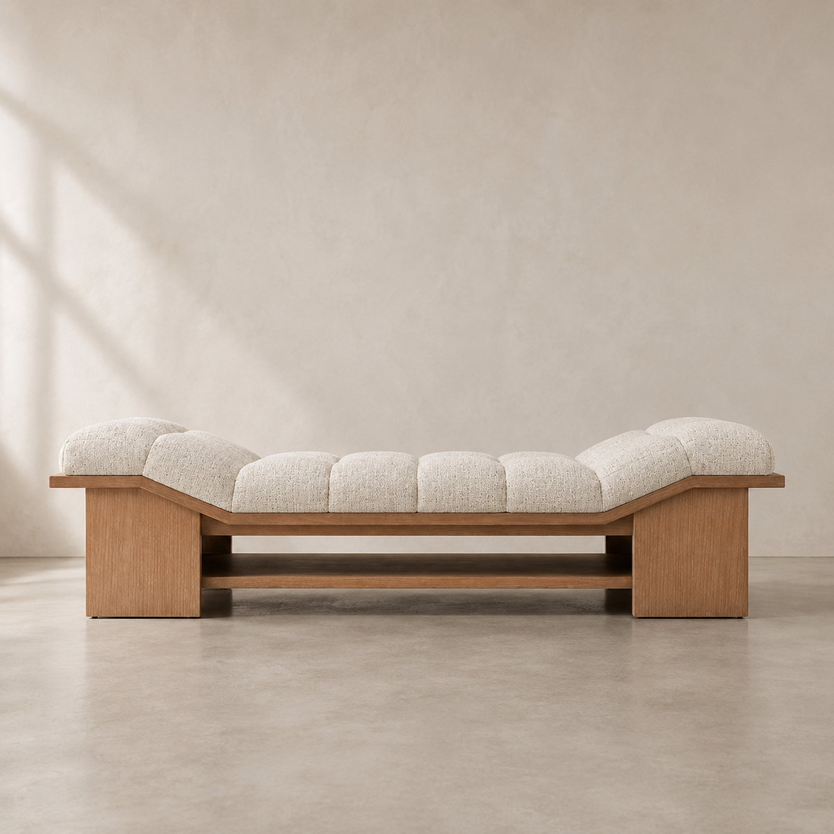 Modern teak wood upholstered bench with beige cushion