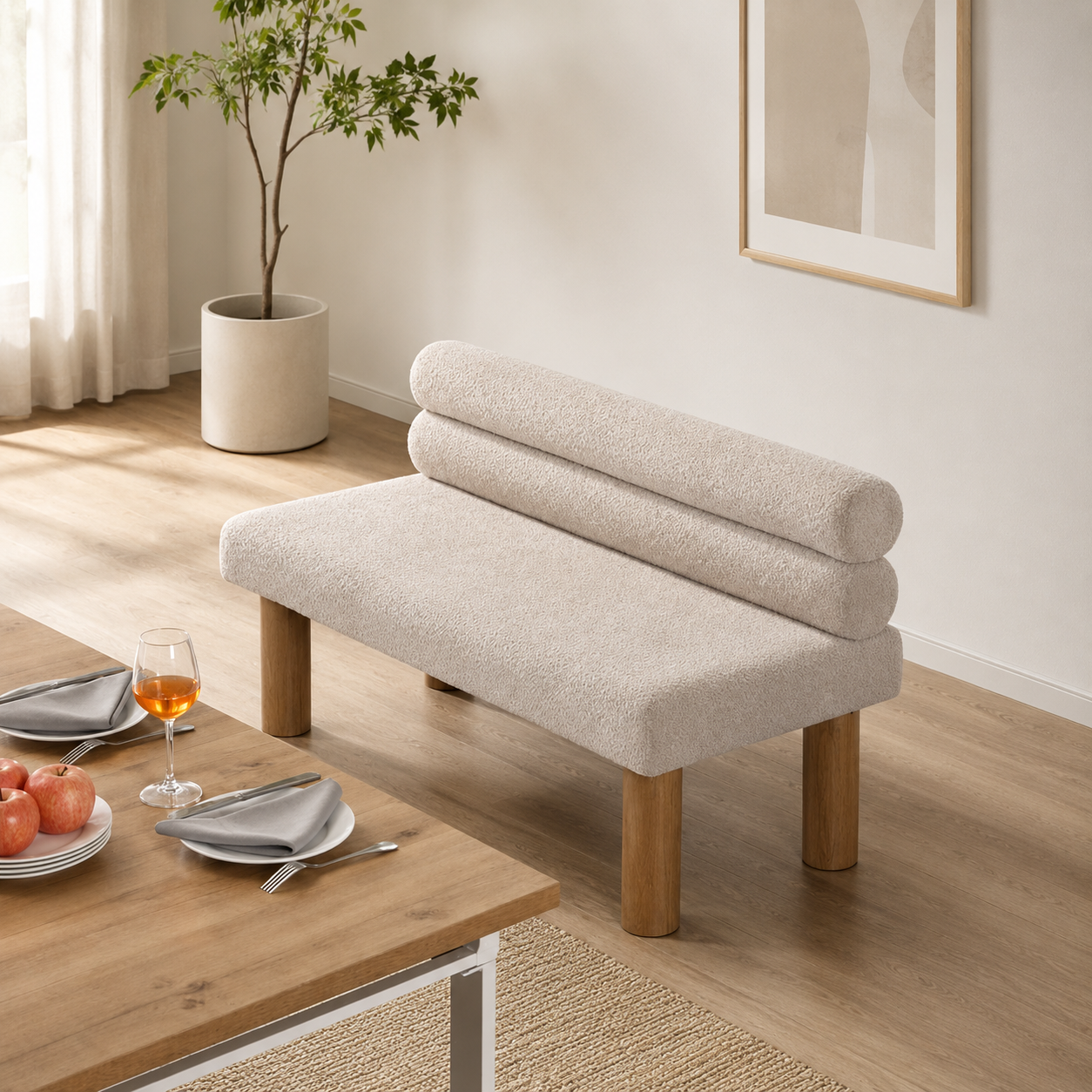 Stylish dining bench with premium fabric upholstery and teak wood legs