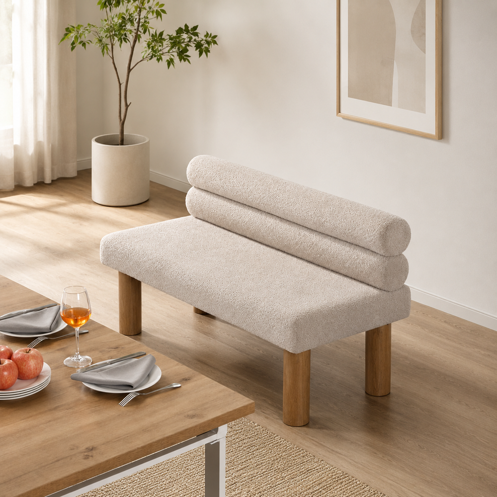 Stylish dining bench with premium fabric upholstery and teak wood legs