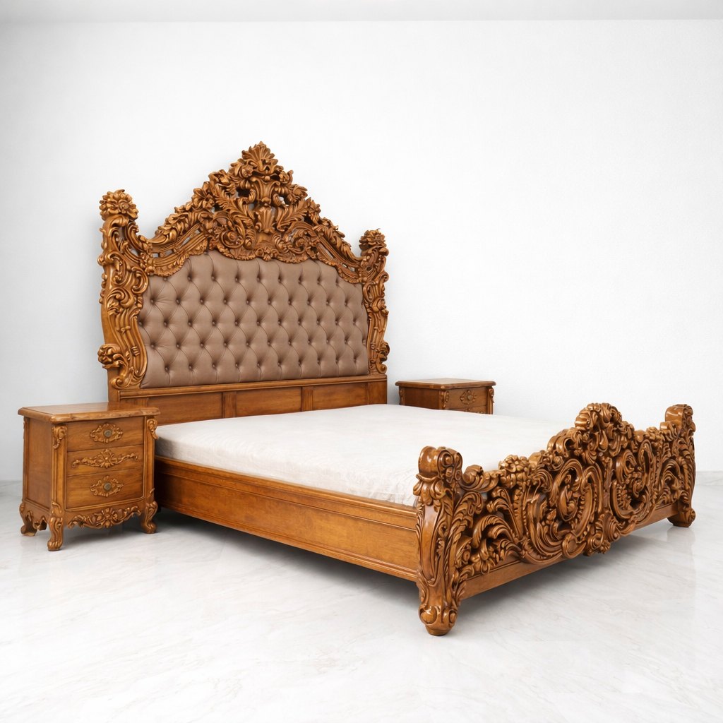 Tufted upholstered headboard teak wood carved bed

