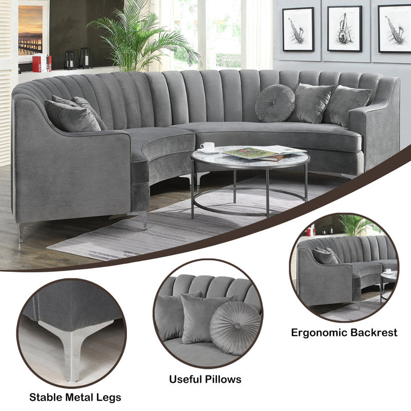 Designer grey velvet sofa crafted from teak wood
