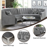 Designer grey velvet sofa crafted from teak wood