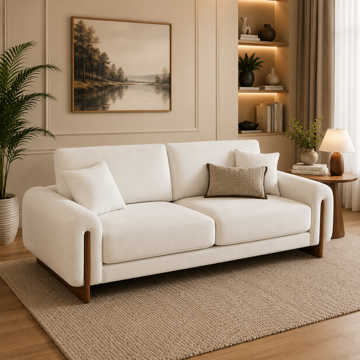 Sky Rise Decor teak wood 3-seater sofa with ivory fabric upholstery