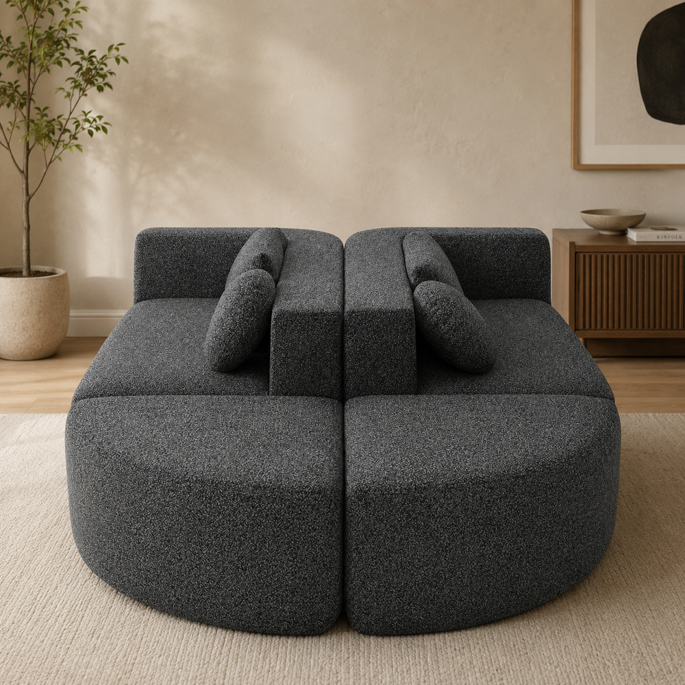 Modern curved teak wood modular sofa in grey bouclé fabric