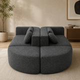 Modern curved teak wood modular sofa in grey bouclé fabric