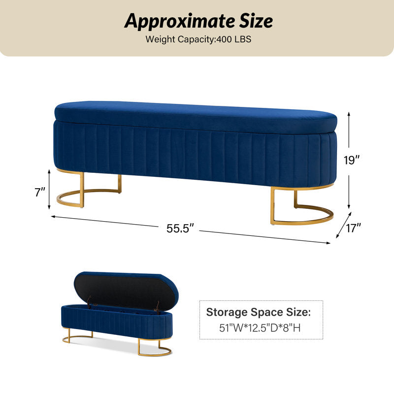 Blue velvet bedroom bench with hidden storage compartment