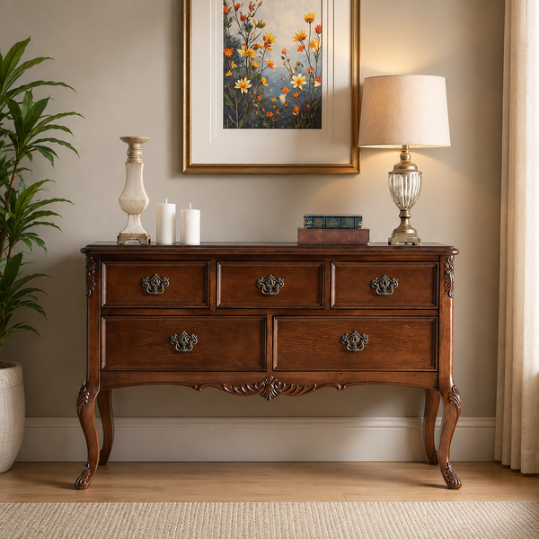 Solid teak wood vintage console table with five drawers and carved legs