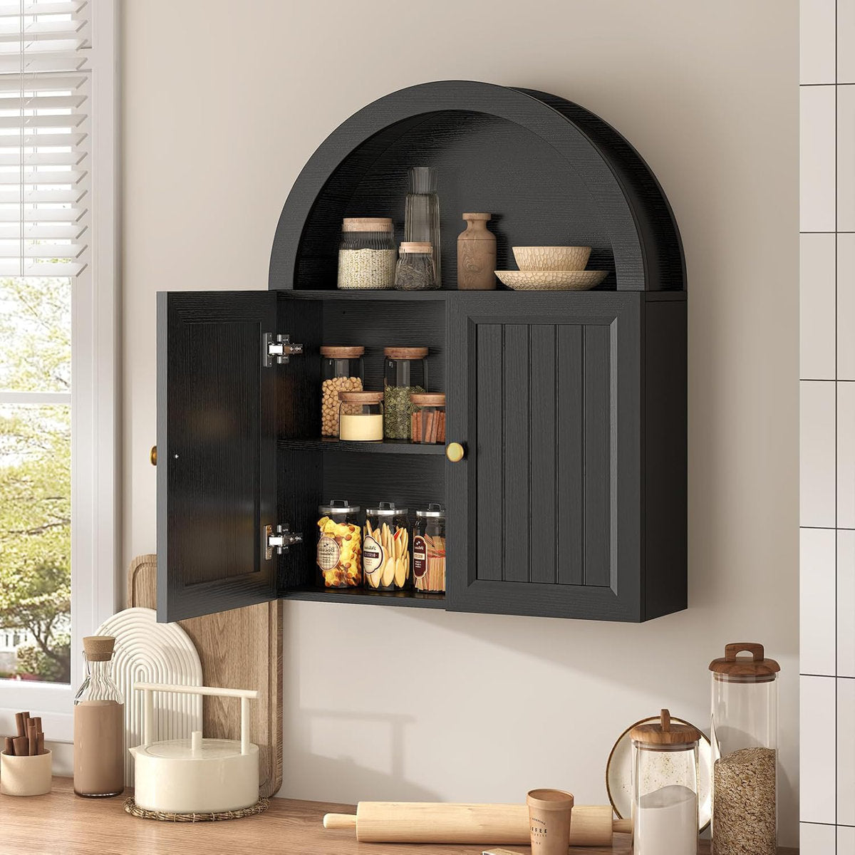Arched double-door teak wood storage cabinet with open shelf