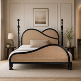 Luxury teak wood cane bed with curved wave headboard and black frame