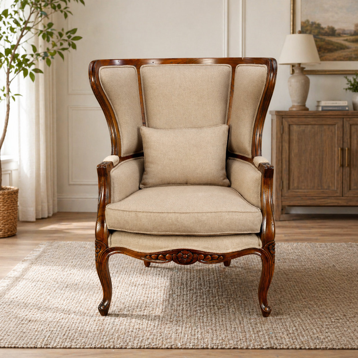 teak wood wingback accent chair with beige upholstery