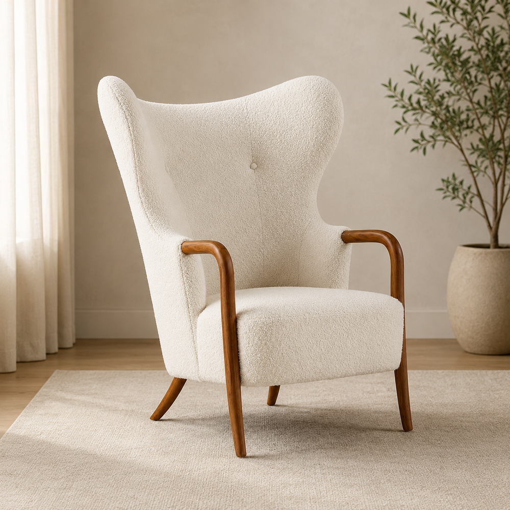 Luxury teak wood wingback accent chair with boucle upholstery