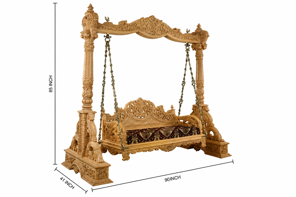Luxury handcrafted teak wood indoor swing with carvings