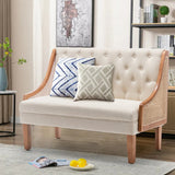 Solid teak wood two seater sofa with natural cane side panels