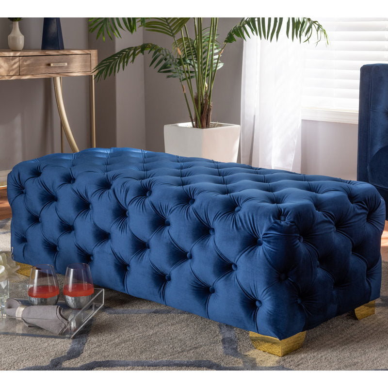 Luxury royal blue velvet ottoman with teak wood frame