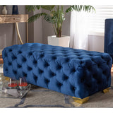 Luxury royal blue velvet ottoman with teak wood frame