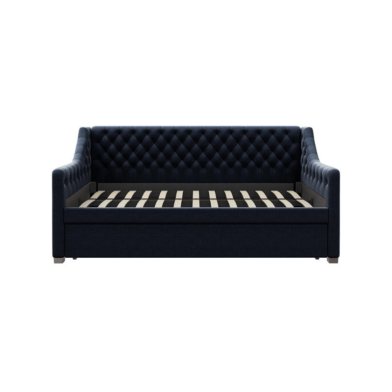 Upholstered single bed with solid teak wood frame