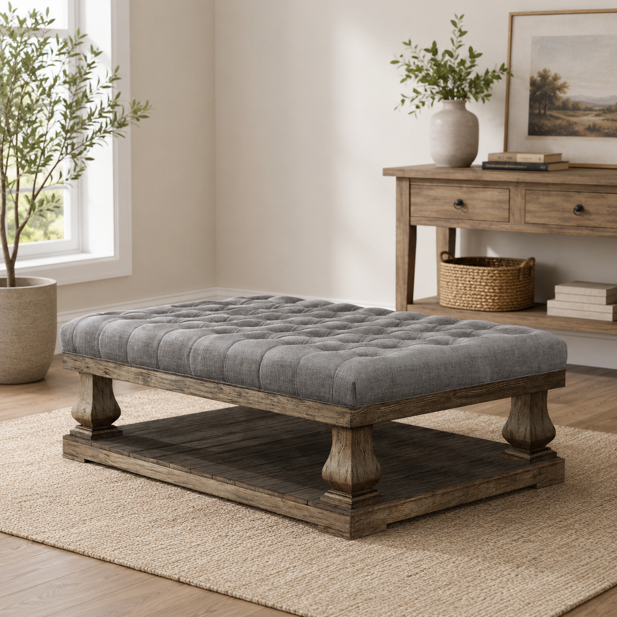 Teak wood upholstered coffee table with tufted fabric top and storage shelf