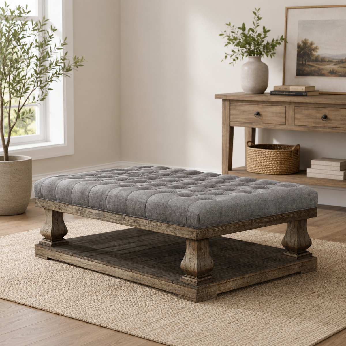 Teak wood upholstered coffee table with tufted fabric top and storage shelf